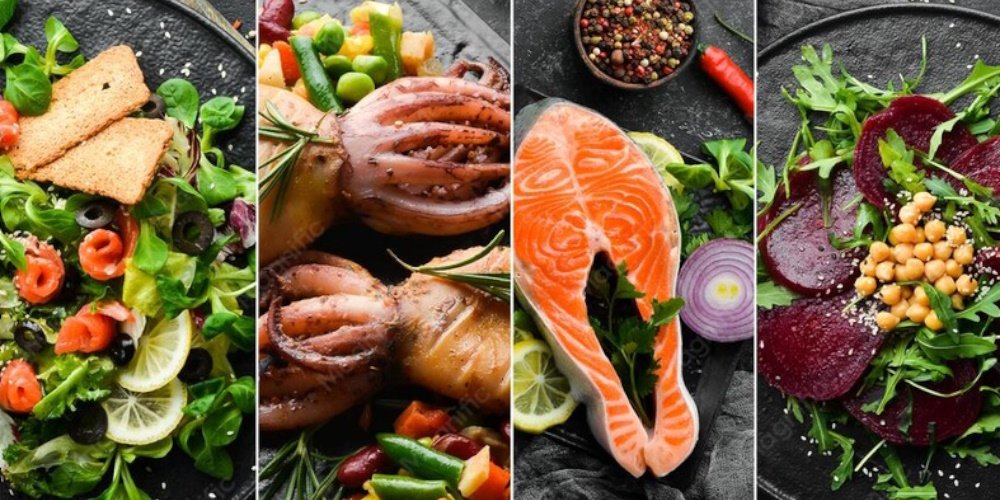Fresh vegetables and pantry staples laid out on a kitchen counter