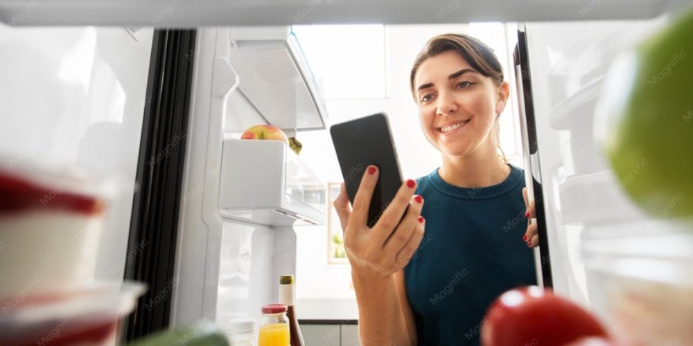 A couple looking in their fridge together, deciding what to cook